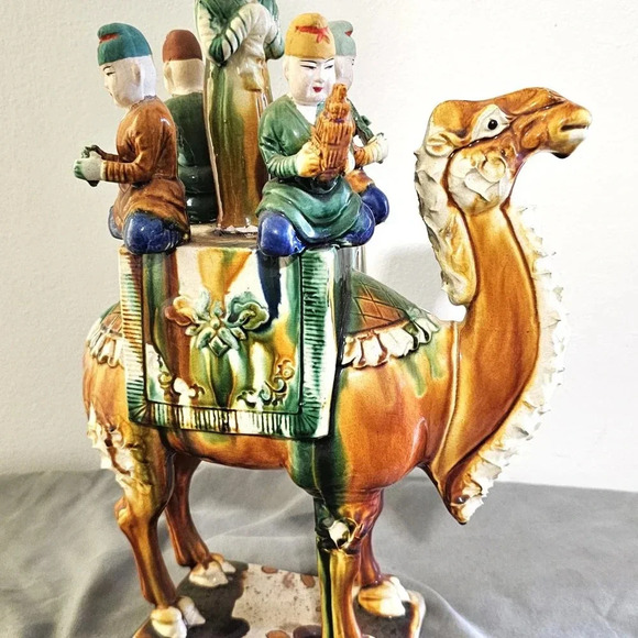Vtg Chinese Glazed Tang Dynasty Style Pottery Sancai Camel With Musicians 14" - Picture 6 of 12